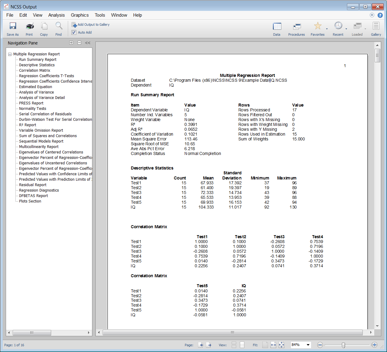 NCSS Output Window NCSS Output Window